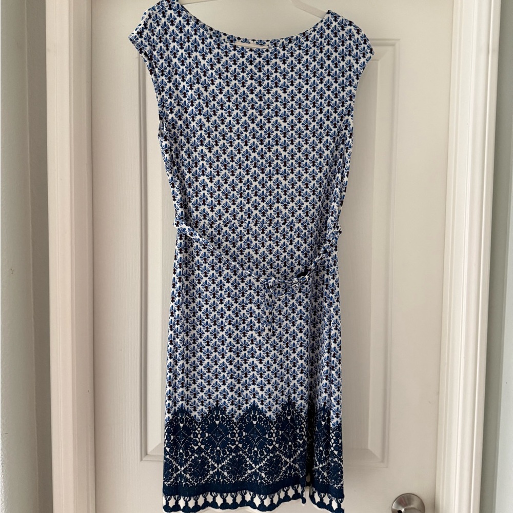 Tory Burch Blue Printed Knee-length Dress with Belt
